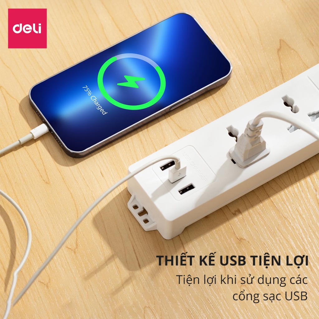 Ổ cắm điện Deli tích hợp USB TypeC 20W