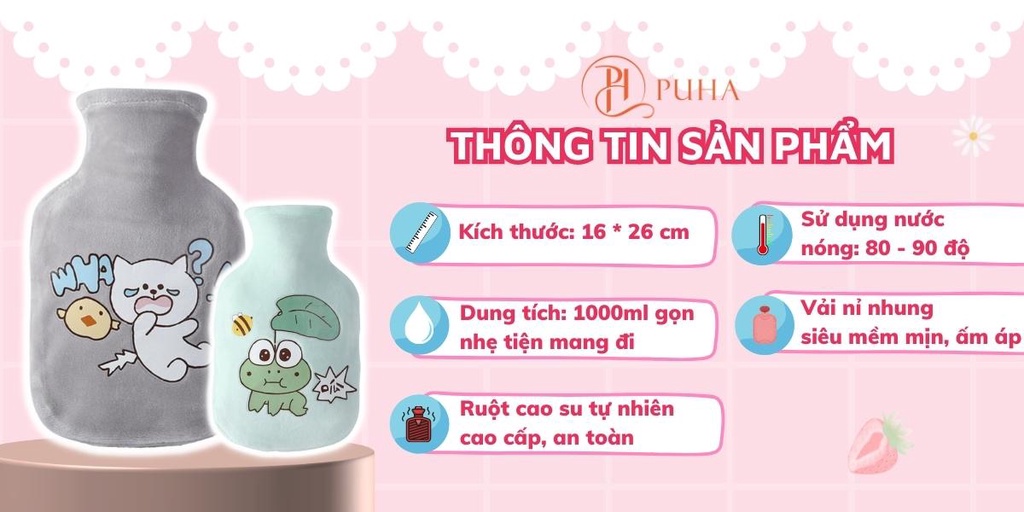 Mô tả Túi chườm bụng nóng lạnh đa năng PH PUHA phiên bản 1000ml - 2
