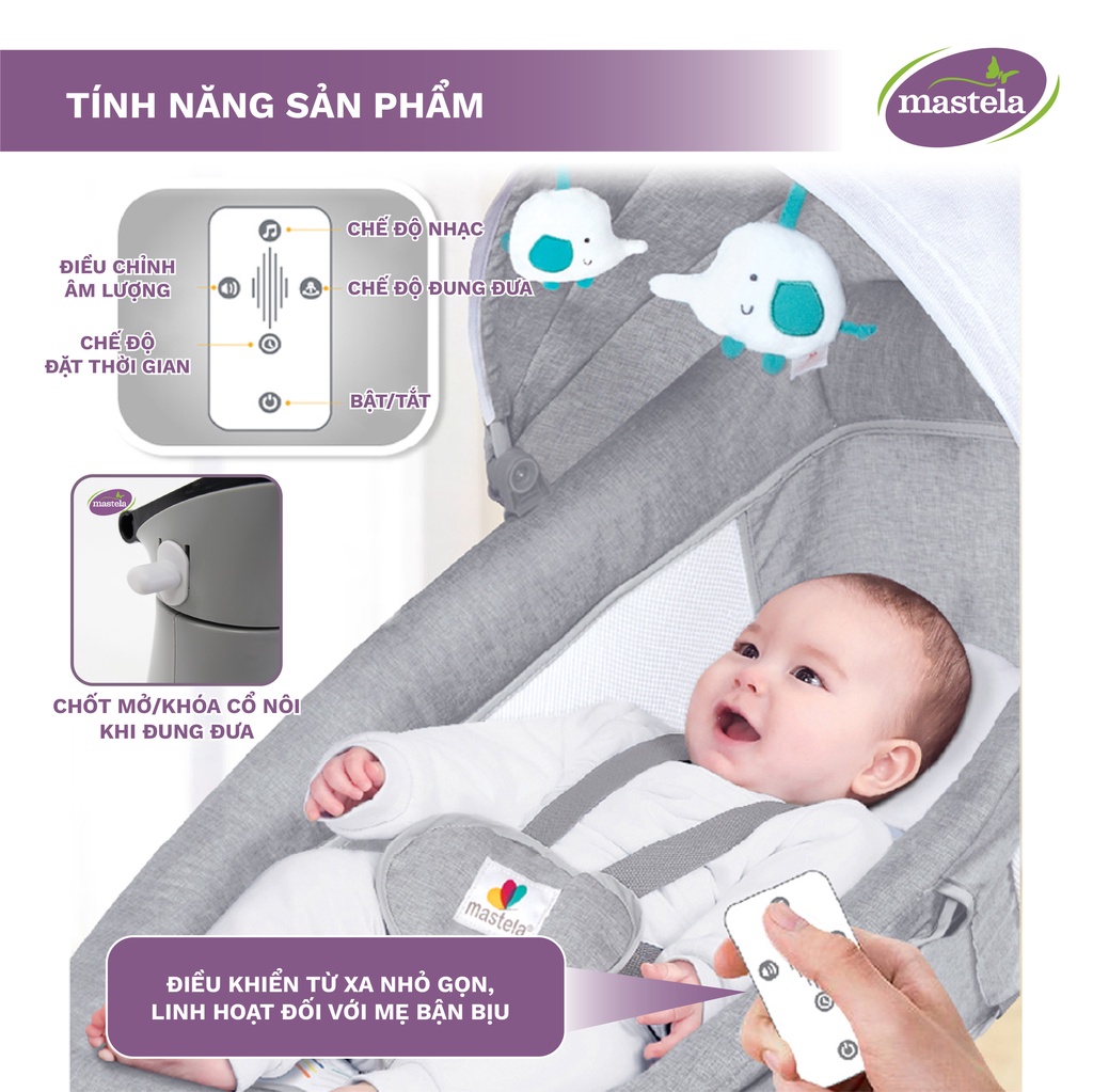 Mô tả Nôi điện cho bé điều khiển từ xa 5 chế độ đung đưa tự động Bluetooth nhạc trắng ru ngủ Mastela - 4