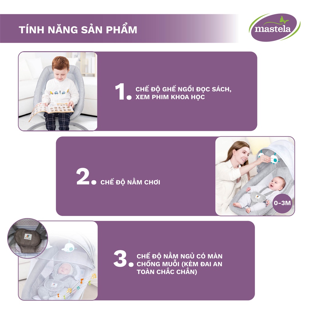 Mô tả Nôi điện cho bé điều khiển từ xa 5 chế độ đung đưa tự động Bluetooth nhạc trắng ru ngủ Mastela - 3
