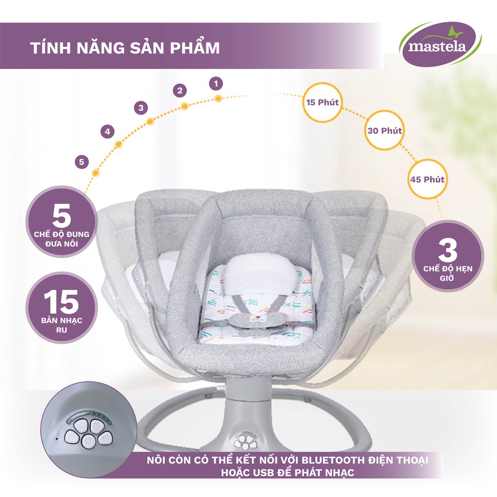 Mô tả Nôi điện cho bé điều khiển từ xa 5 chế độ đung đưa tự động Bluetooth nhạc trắng ru ngủ Mastela - 6