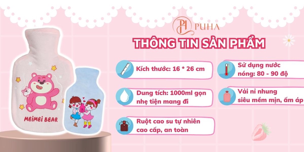 Mô tả Combo quà tặng người yêu có túi chườm nóng PUHA 1000ml và 4 món phụ kiện dễ thương - 2