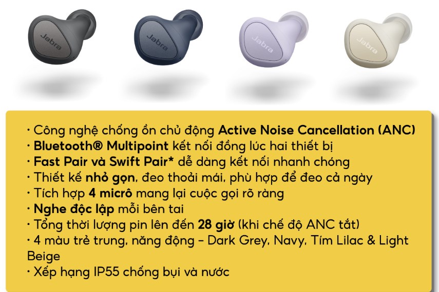 Mô tả Tai Nghe True Wireless Jabra Elite 4 Chống Ồn Chủ Động IP55 Hàng Chính Hãng - 2