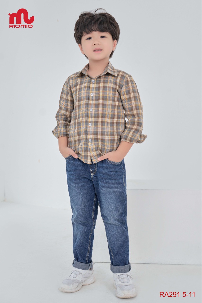 Mô tả Áo sơ mi kẻ caro bé trai Riomi dài tay size 20 - 50kg chất cotton thô Hàn mềm mát RA291 - 1