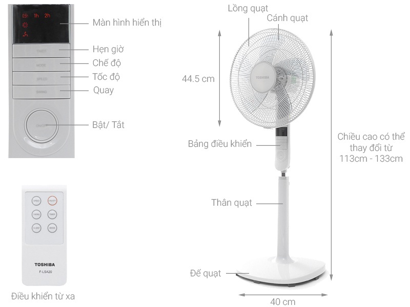 Mô tả Quạt đứng có điều khiển Toshiba F-LSA20(W)/F-LSA20(H) - Công suất 60W - Chính hãng - Bảo hành 1 năm - 1