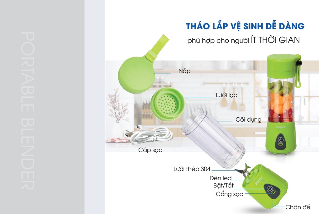 Mô tả Máy Xay Sinh Tố Mini MATIKA 380 ml Có Cổng Sạc USB MTK-3138 - 4