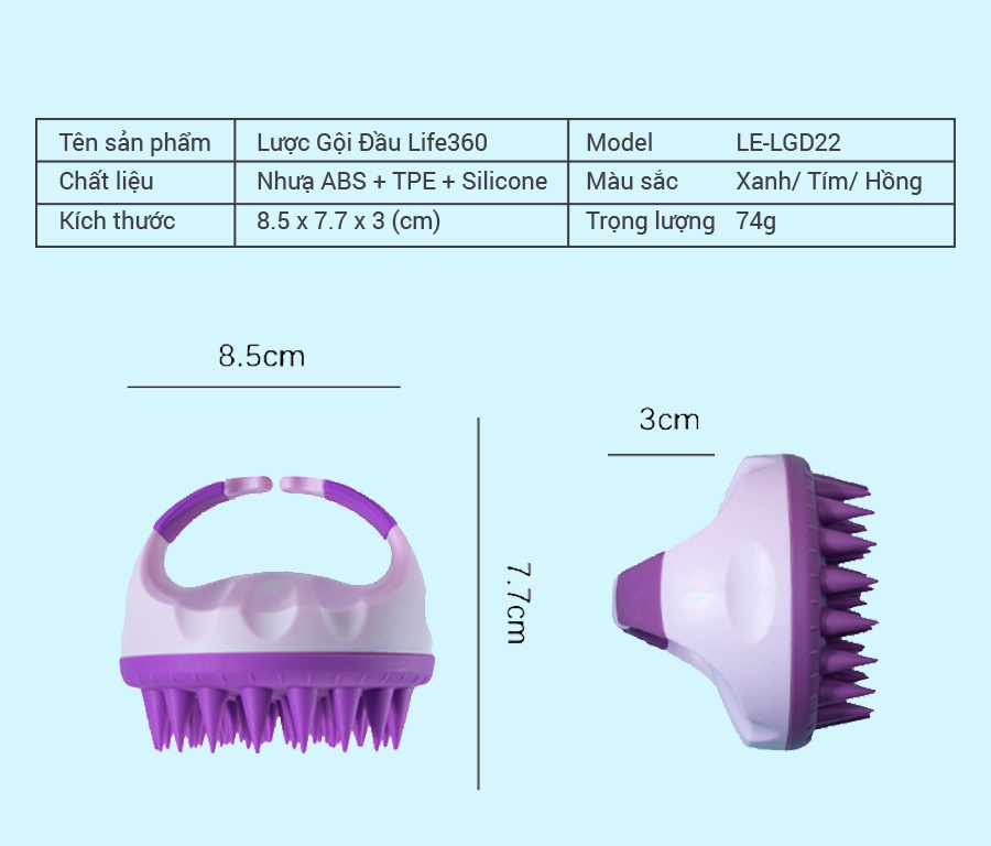 Mô tả Lược Gội Đầu Massage Life360 LE-LGD22 Giảm Gàu, Giảm Rụng Tóc Hiệu Quả - Màu Tím - Hàng Chính Hãng - 10
