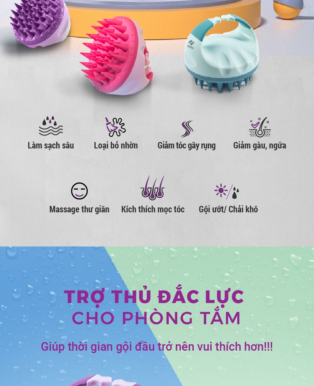 Mô tả Lược Gội Đầu Life360 LE-LGD22 - Lược Massage Đầu Gai Silicon, Giảm Ngứa, Giảm Gãy Rụng Tóc, Chính Hãng - 2