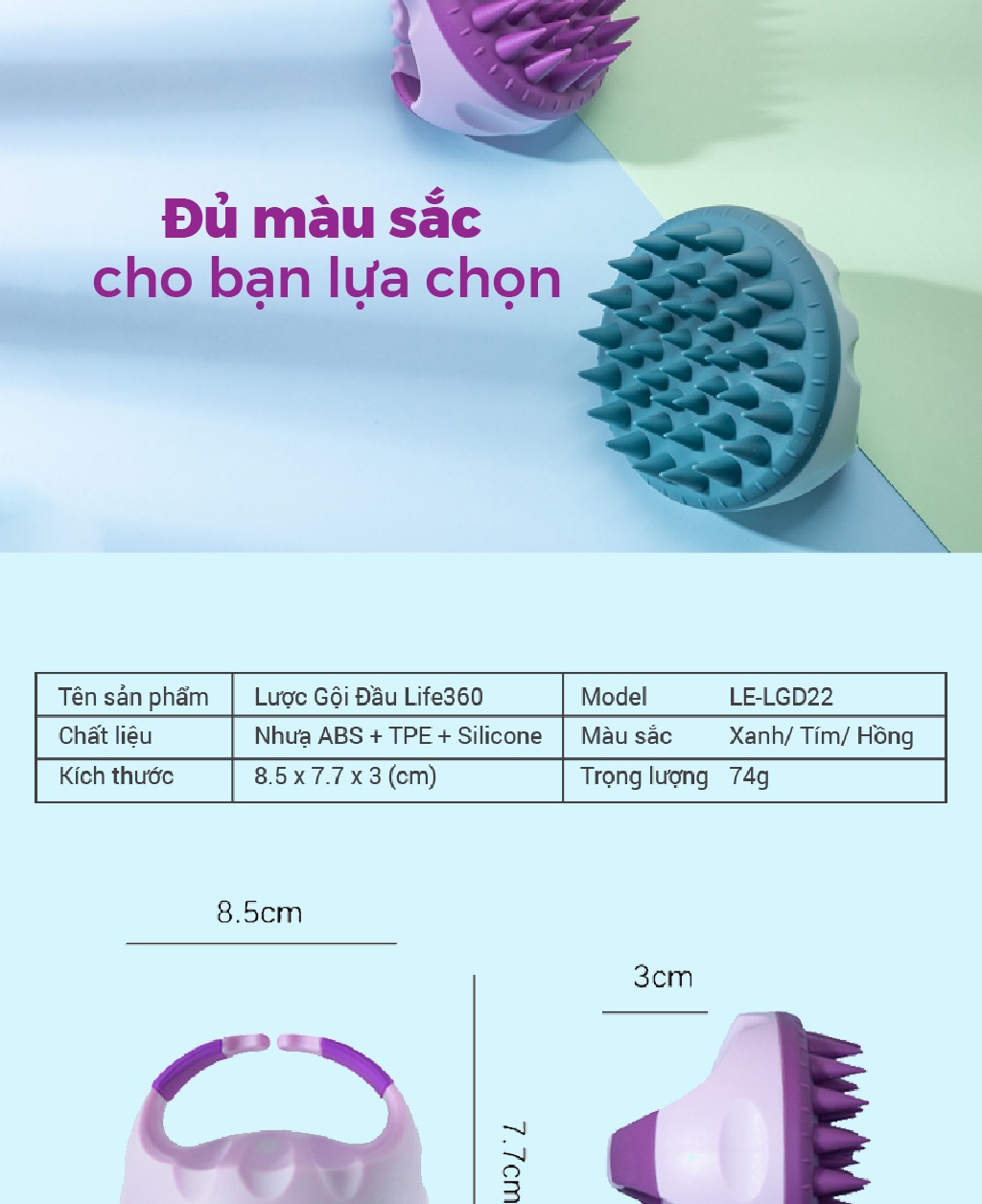 Mô tả Lược Gội Đầu Life360 LE-LGD22 - Lược Massage Đầu Gai Silicon, Giảm Ngứa, Giảm Gãy Rụng Tóc, Chính Hãng - 11