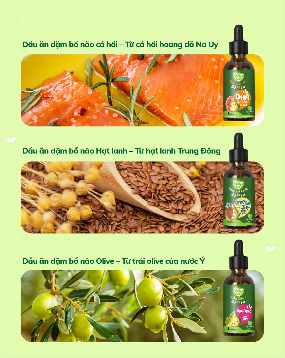 Mô tả Combo 3 dầu ăn dặm bổ não Mămmy 30ml gồm dầu Olive, cá hồi, hạt lanh bổ não cho bé 6 tháng tuổi - 3