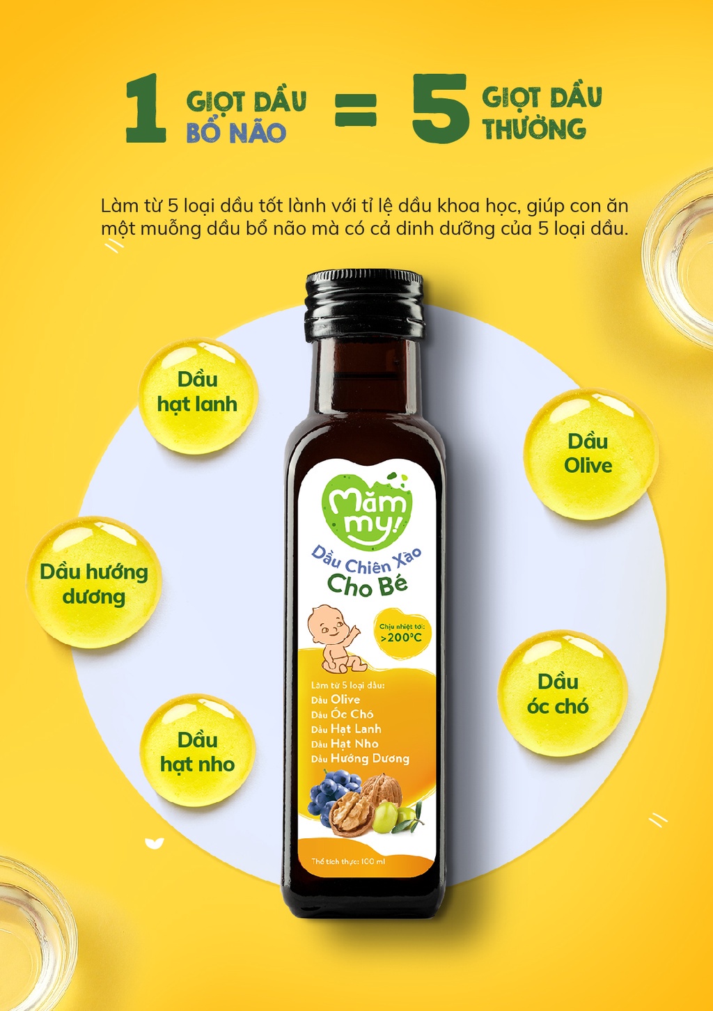 Mô tả Dầu chiên xào cho bé Mămmy 100ml chịu nhiệt tới 200 độ C, giữ trọn vẹn dinh dưỡng, bổ sung Omega-3, Vitamin E - 2