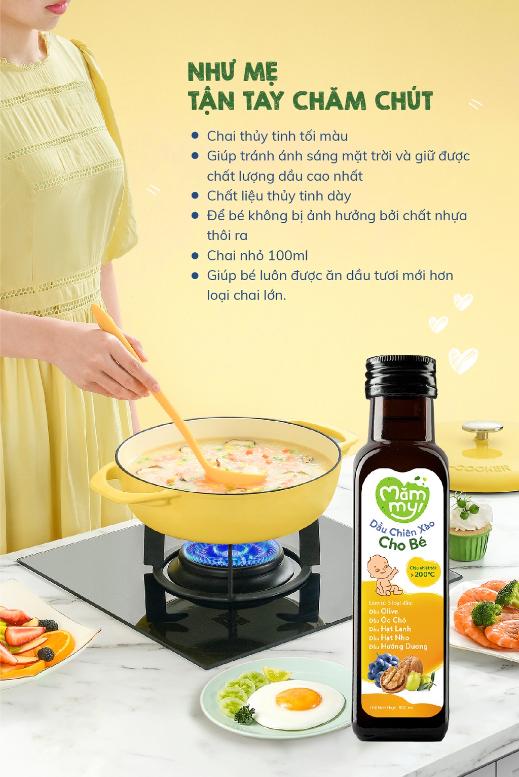 Mô tả Dầu chiên xào cho bé Mămmy 100ml chịu nhiệt tới 200 độ C, giữ trọn vẹn dinh dưỡng, bổ sung Omega-3, Vitamin E - 3