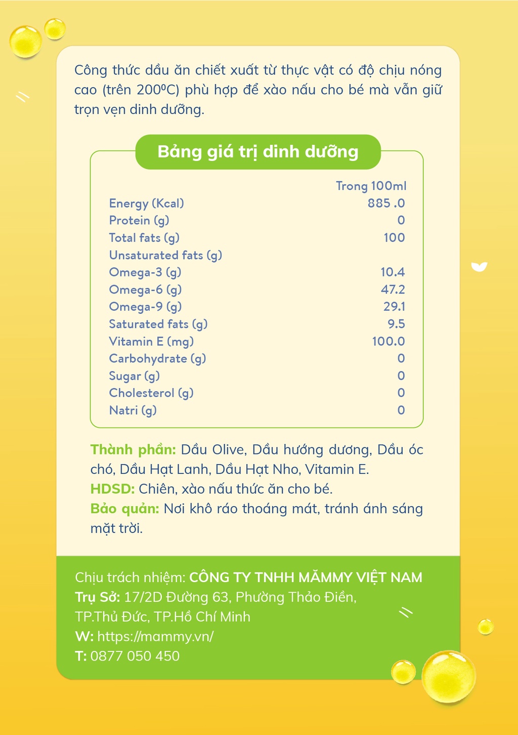 Mô tả Dầu chiên xào cho bé Mămmy 100ml chịu nhiệt tới 200 độ C, giữ trọn vẹn dinh dưỡng, bổ sung Omega-3, Vitamin E - 5