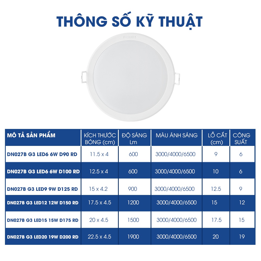 Mô tả Bộ đèn âm trần Philips LED DN027B G3 - 6W, 9W, 12W, 15W, 19W (3000K/ 4000K/ 6500K) - 2
