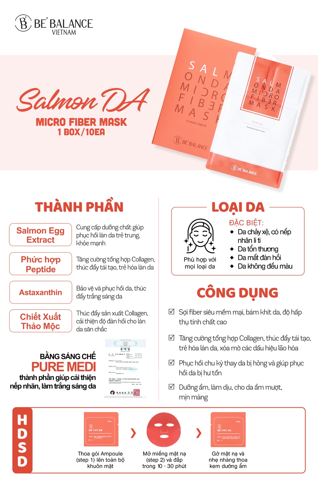 Mô tả Mặt Nạ Vải Vi Sợi Be'Balance SALMON DA MICRO FIBER MASK 3in1 Làm Đẹp Da 1 hộp 10 miếng - 4