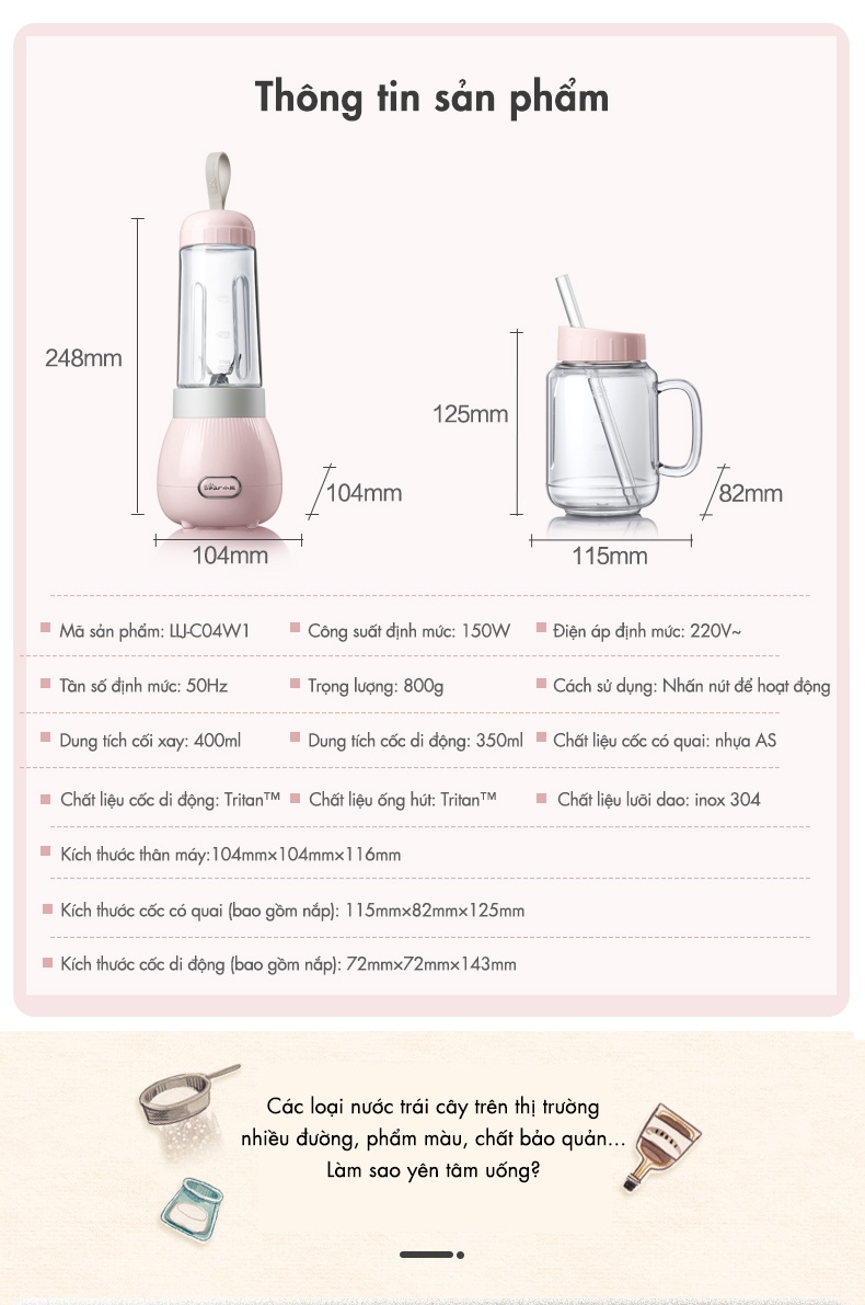 Mô tả Máy Xay Sinh Tố Mini 400ml Bear LLJ-C04W1 - Hàng Chính Hãng - 1