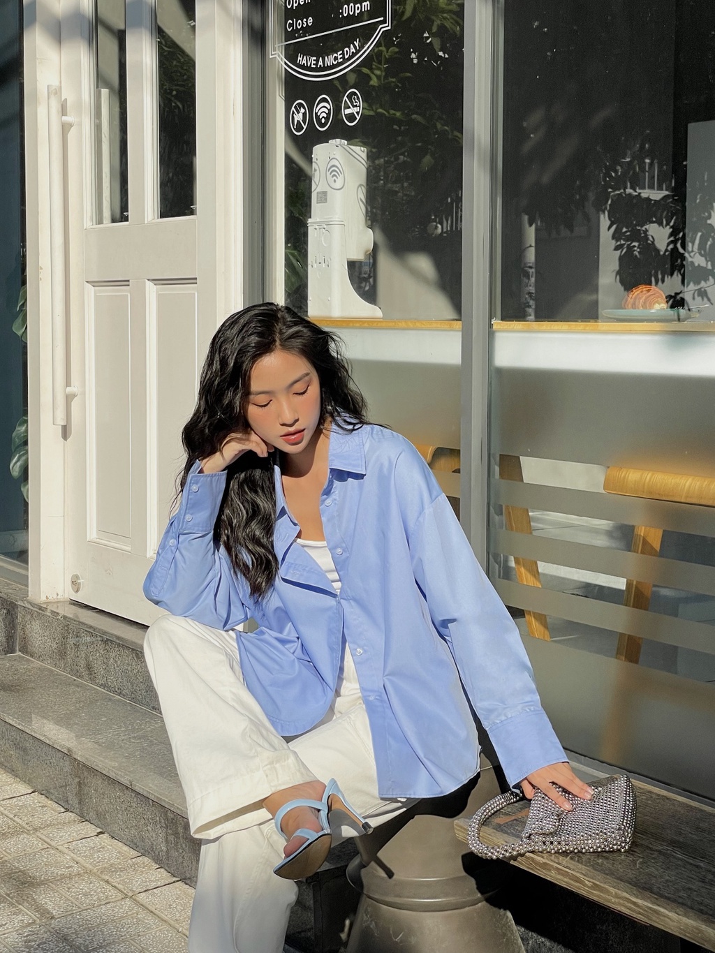 Mô tả Áo sơ mi oversized MONO TALK (xanh da trời) vải poplin hạn chế nhăn, mềm mát T10001FT - 7