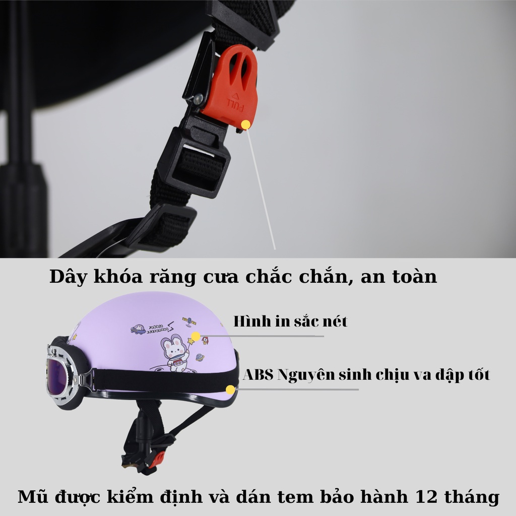 Mô tả Mũ bảo hiểm nửa đầu VARO tem thỏ gấu dễ thương - Nón bảo hiểm 1/2 đầu freesize vòng đầu 54-59cm - 4