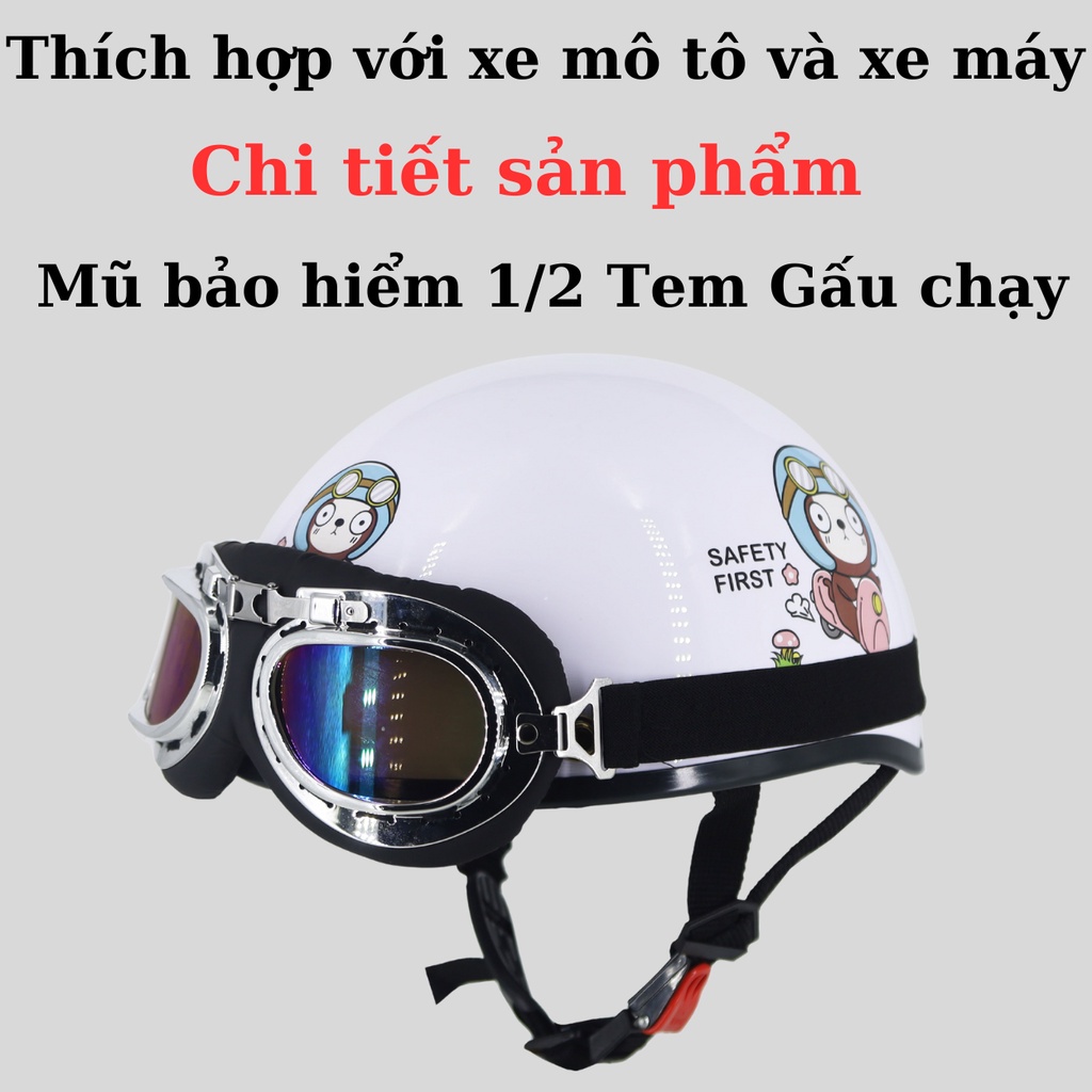 Mô tả Mũ Bảo Hiểm Nửa Đầu VaroHelmet Tem Thỏ, Gấu Dễ Thương Kèm Kính Phi Công, Kính UV Chính Hãng - 2