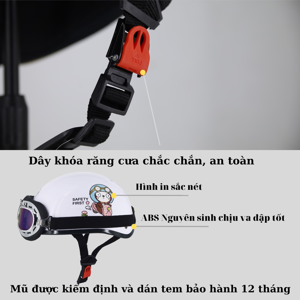Mô tả Mũ Bảo Hiểm Nửa Đầu VaroHelmet Tem Thỏ, Gấu Dễ Thương Kèm Kính Phi Công, Kính UV Chính Hãng - 5