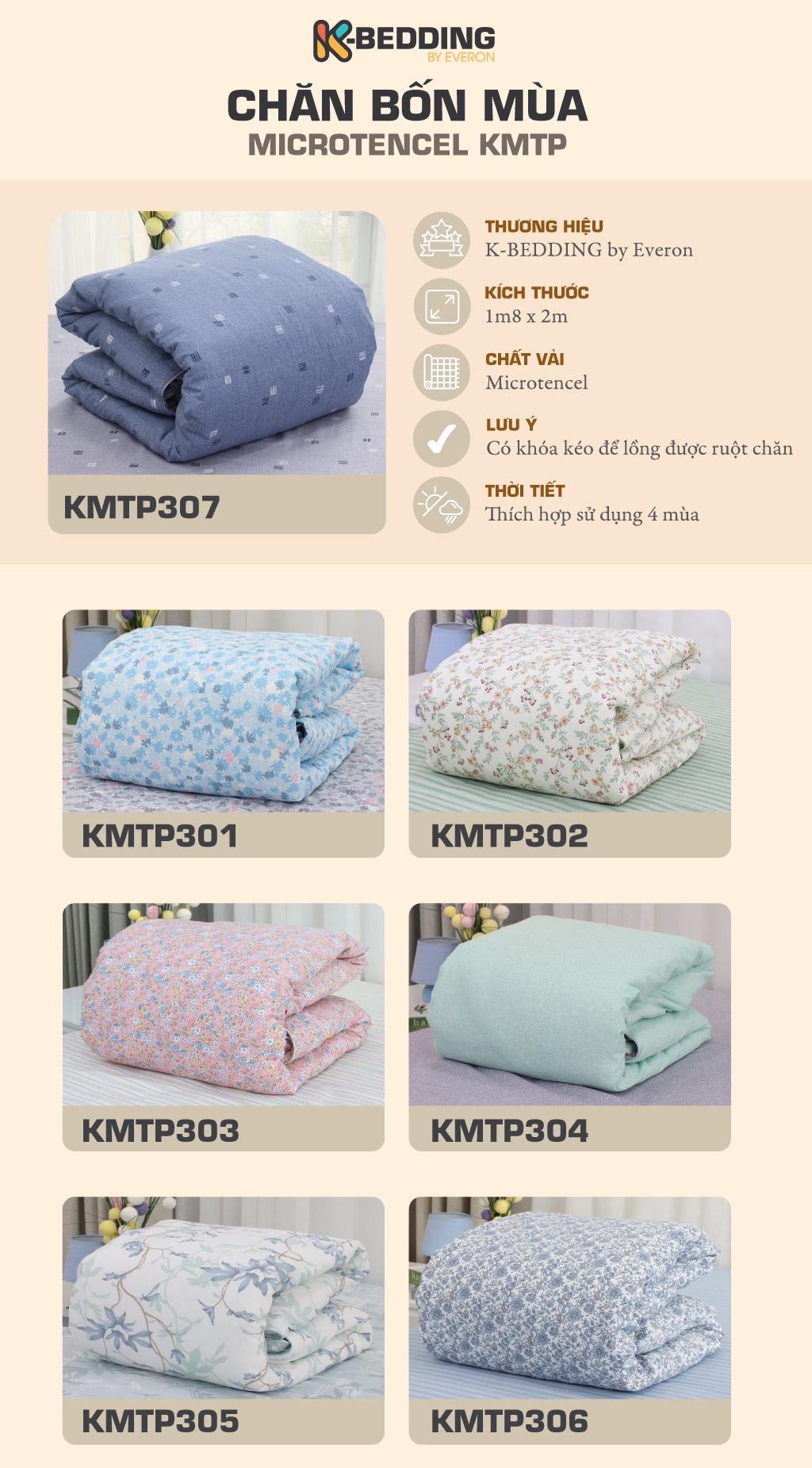 Mô tả Chăn bốn mùa K-Bedding by Everon chất vải Micro Tencel KMTP (180x200 cm) có khóa kéo để lồng ruột chăn - 2
