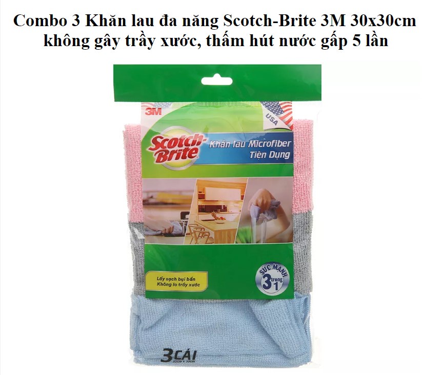 Mô tả Combo 3 Khăn lau đa năng 3M™ Scotch-Brite®, không để lại bụi, 30x30cm, Giúp lau chùi nhanh và sạch trên nhiều bề mặt - 1