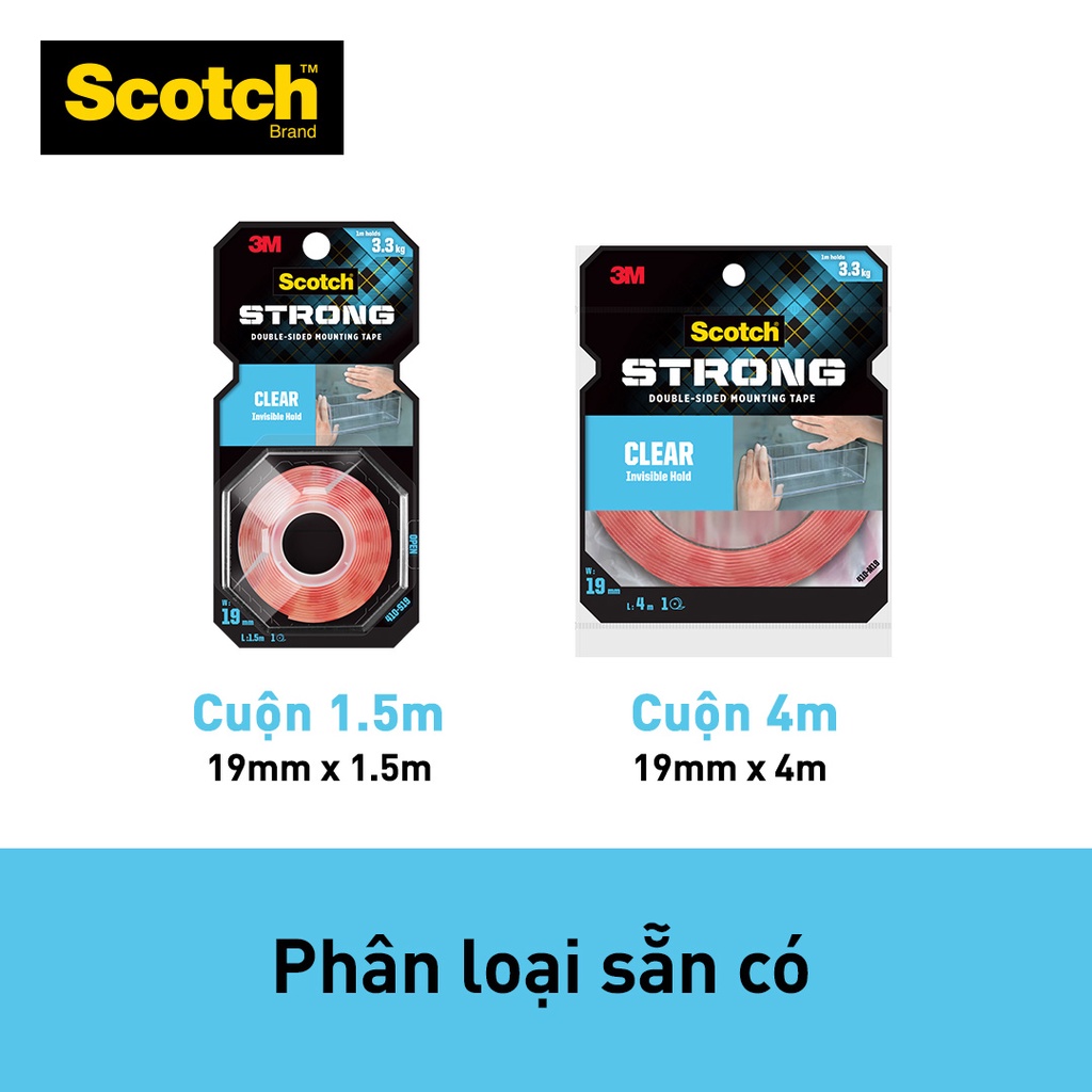 Mô tả Băng keo hai mặt 3M™ Scotch®, trong suốt, siêu dính, độ bền cao, chống tia UV, kéo nhẹ nhàng, 1 cuộn, Dùng trong nhà - 1