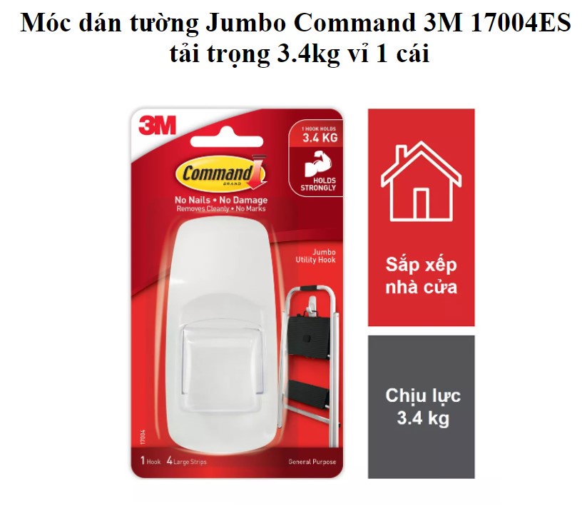 Mô tả Móc dán tường Jumbo 3M™ Command™, 17004ANZ, độ bền cao, bám cực chắc, chịu lực 3.4kg, vỉ 1 cái, Dùng sắp xếp nhà cửa - 1