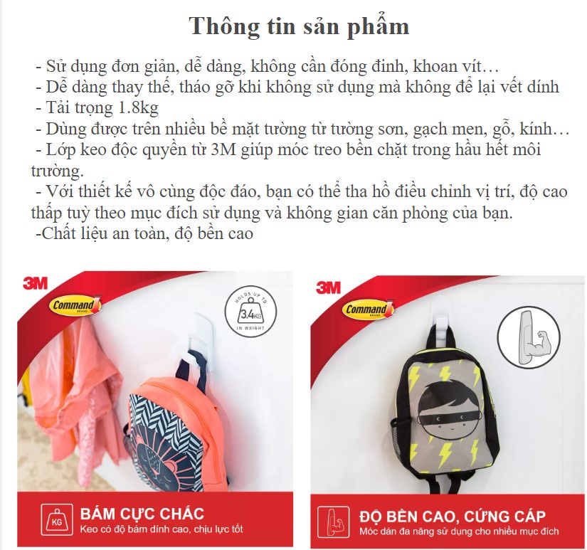 Mô tả Móc dán tường Jumbo 3M™ Command™, 17004ANZ, độ bền cao, bám cực chắc, chịu lực 3.4kg, vỉ 1 cái, Dùng sắp xếp nhà cửa - 3