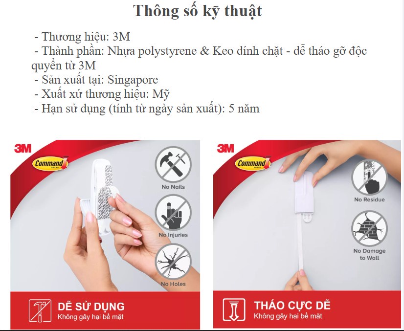 Mô tả Móc dán tường Jumbo 3M™ Command™, 17004ANZ, độ bền cao, bám cực chắc, chịu lực 3.4kg, vỉ 1 cái, Dùng sắp xếp nhà cửa - 4