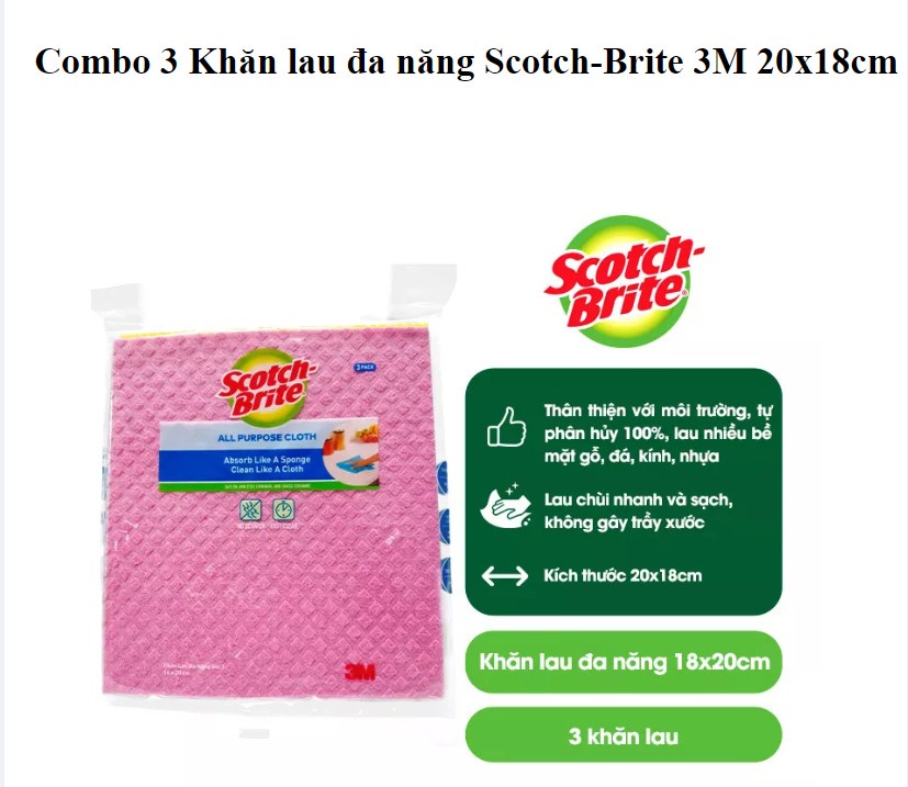 Mô tả Combo 3 Khăn lau đa năng 20x18cm 3M™ Scotch-Brite®, không để lại bụi, tự phân hủy 100% - 1