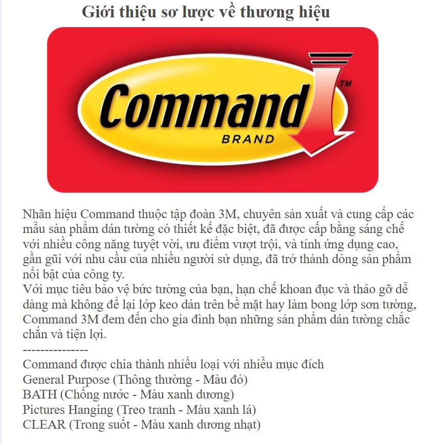 Mô tả Móc dán tường chịu lực 2.2kg 3M™ Command™, 17003, độ bền cao, bám cực chắc, chịu lực 2.2kg, vỉ 1 cái - 8