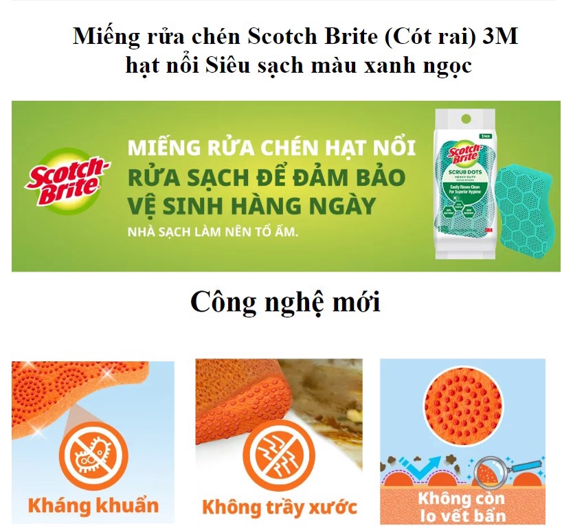 Mô tả Miếng rửa chén hạt nổi 3M™ Scotch-Brite®, siêu sạch, chống trầy, gói 2 miếng, xanh/cam, Làm sạch các vết bẩn cứng đầu - 1