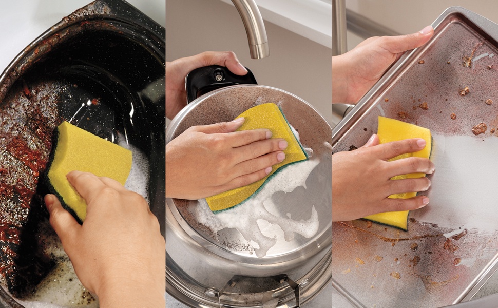 Mô tả Cước rửa chén 3M™ Scotch-Brite®, kháng khuẩn, 2 mặt chống trầy, gói 3 miếng, xanh/ hồng, Làm sạch các vết bẩn cứng đầu - 2