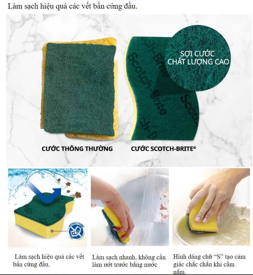 Mô tả Cước rửa chén 3M™ Scotch-Brite®, kháng khuẩn, 2 mặt chống trầy, gói 3 miếng, xanh/ hồng, Làm sạch các vết bẩn cứng đầu - 4