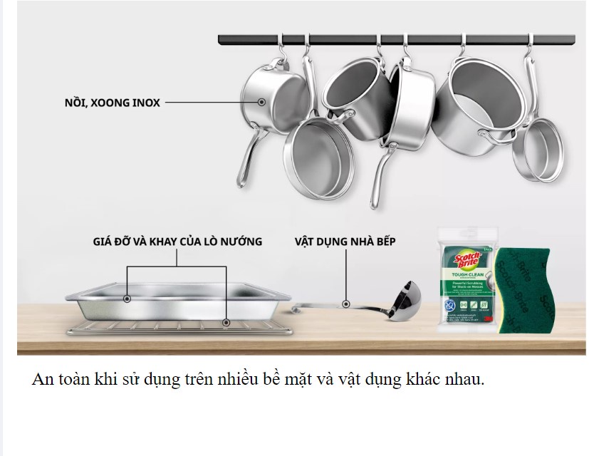 Mô tả Cước rửa chén 3M™ Scotch-Brite®, kháng khuẩn, 2 mặt chống trầy, gói 3 miếng, xanh/ hồng, Làm sạch các vết bẩn cứng đầu - 5