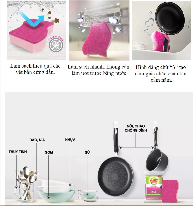 Mô tả Cước rửa chén 3M™ Scotch-Brite®, kháng khuẩn, 2 mặt chống trầy, gói 3 miếng, xanh/ hồng, Làm sạch các vết bẩn cứng đầu - 6