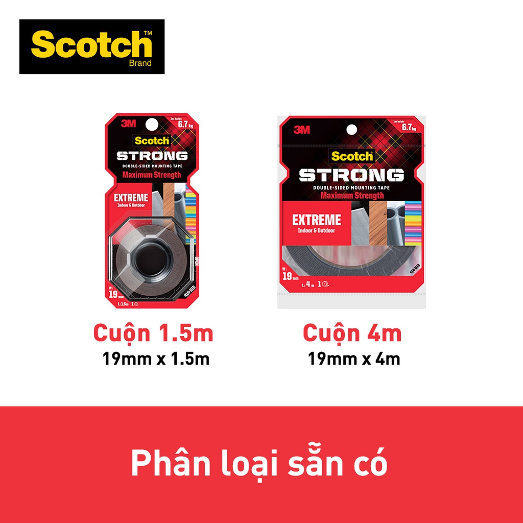 Mô tả Băng keo hai mặt 3M™ Scotch®, siêu dính, độ bền cao, dính tốt trên bề mặt được sơn, 1 cuộn, Dùng trong nhà và ngoài trời - 1