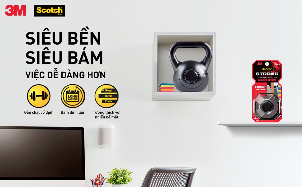 Mô tả Băng keo hai mặt 3M™ Scotch®, siêu dính, độ bền cao, dính tốt trên bề mặt được sơn, 1 cuộn, Dùng trong nhà và ngoài trời - 2