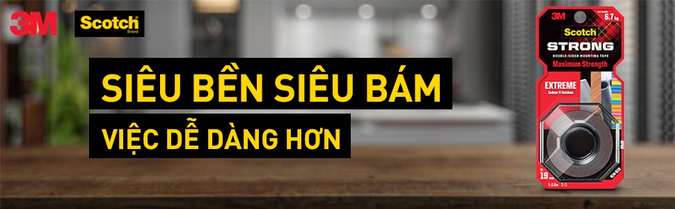 Mô tả Băng keo hai mặt 3M™ Scotch®, siêu dính, độ bền cao, dính tốt trên bề mặt được sơn, 1 cuộn, Dùng trong nhà và ngoài trời - 3