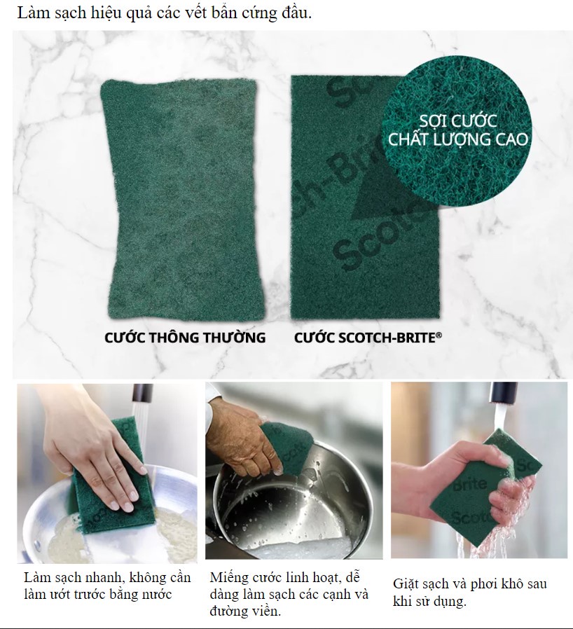 Mô tả Cước rửa chén siêu sạch 3M™ Scotch-Brite®, sợi cước chất lượng cao, gói 5 miếng, 150x100mm - 3