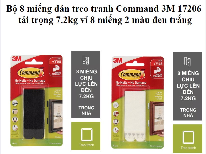 Mô tả Bộ 8 Miếng dán treo tranh 3M™ Command™, 17206, độ bền cao, bám cực chắc, tải trọng 7kg, Dùng treo tranh - 1