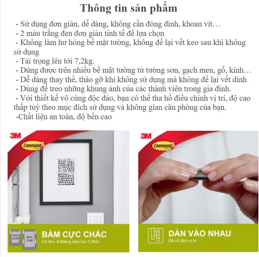 Mô tả Bộ 8 Miếng dán treo tranh 3M™ Command™, 17206, độ bền cao, bám cực chắc, tải trọng 7kg, Dùng treo tranh - 3