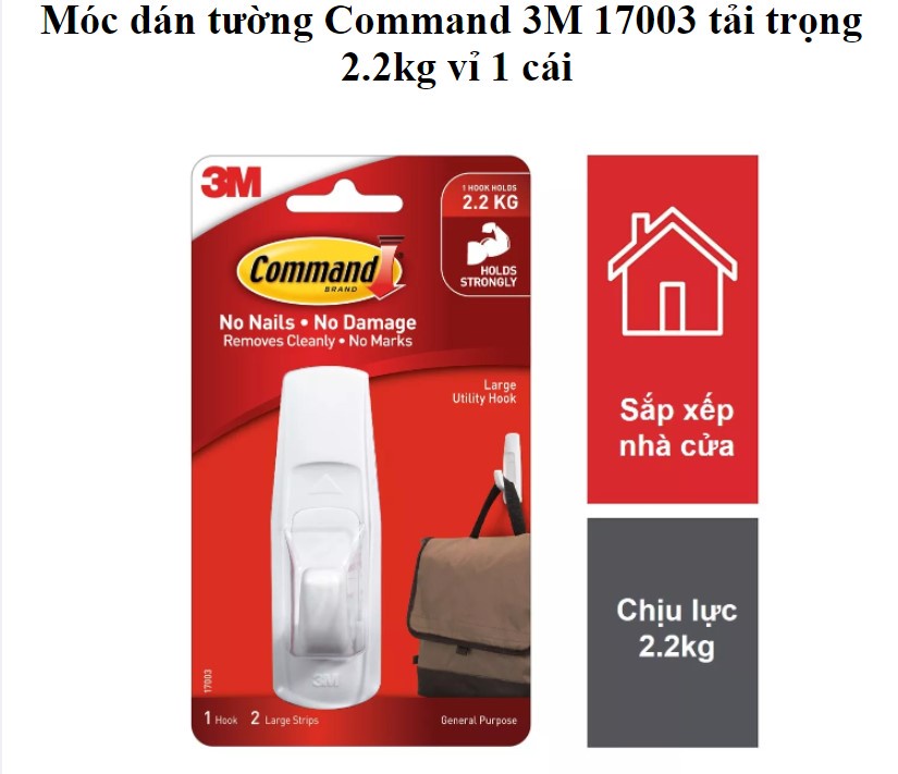 Mô tả Móc dán tường chịu lực 2.2kg 3M™ Command™, 17003, độ bền cao, bám cực chắc, chịu lực 2.2kg, vỉ 1 cái - 1