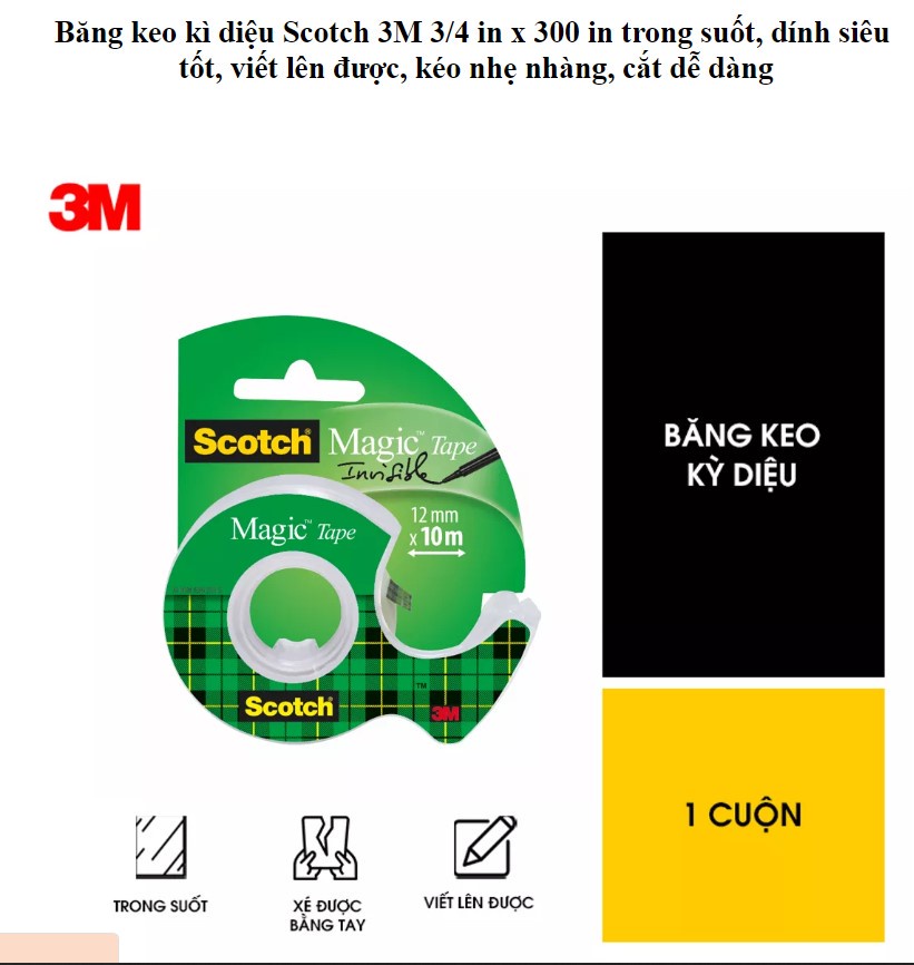 Mô tả Băng keo đa năng 3M™ Scotch®, trong suốt, dính siêu tốt, viết lên được, 19.05mmx7.62m, Đa năng, sửa chữa các tài liệu - 1