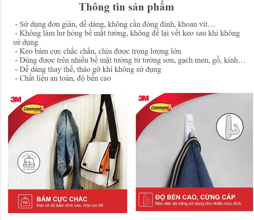 Mô tả Móc dán tường chịu lực 2.2kg 3M™ Command™, 17003, độ bền cao, bám cực chắc, chịu lực 2.2kg, vỉ 1 cái - 3