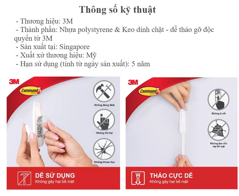 Mô tả Móc dán tường chịu lực 2.2kg 3M™ Command™, 17003, độ bền cao, bám cực chắc, chịu lực 2.2kg, vỉ 1 cái - 4