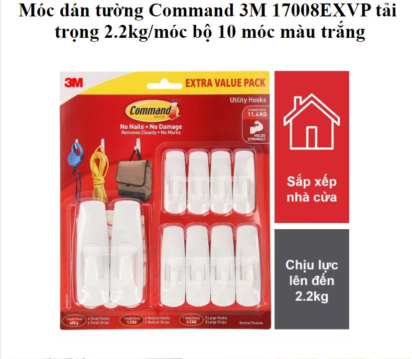 Mô tả Combo 10 Móc dán tường 3M™ Command™, 17008EXVP, độ bền cao, bám cực chắc, chịu lực 2.2kg, Dùng sắp xếp nhà cửa - 1