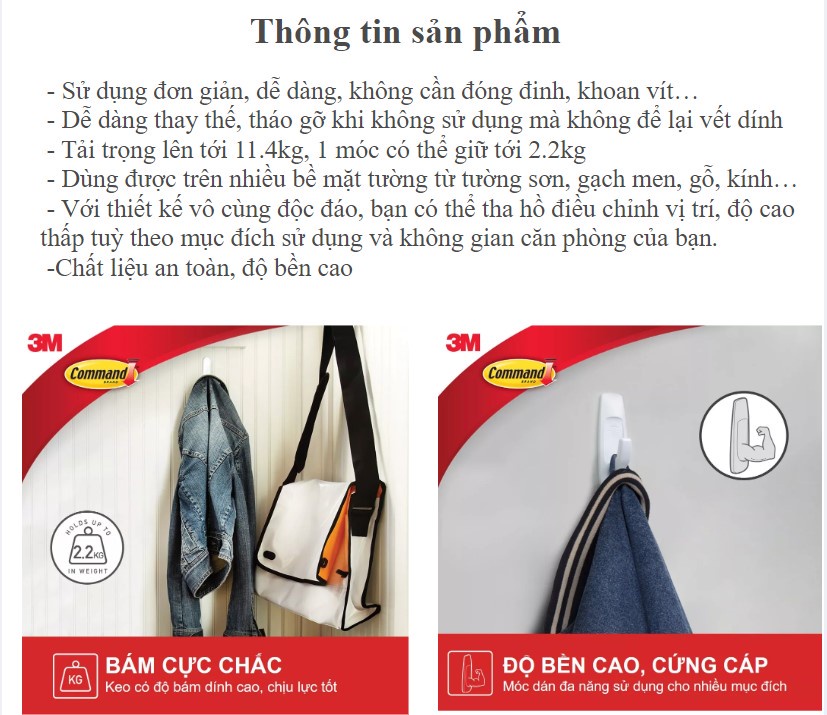 Mô tả Combo 10 Móc dán tường 3M™ Command™, 17008EXVP, độ bền cao, bám cực chắc, chịu lực 2.2kg, Dùng sắp xếp nhà cửa - 3