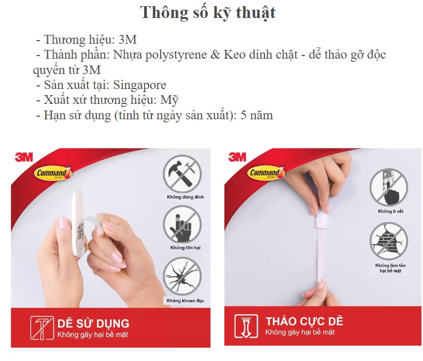 Mô tả Combo 10 Móc dán tường 3M™ Command™, 17008EXVP, độ bền cao, bám cực chắc, chịu lực 2.2kg, Dùng sắp xếp nhà cửa - 4